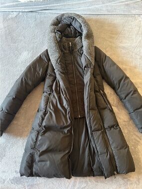 Mackage Women's Long Puffer Coat with Knit-Trim Hood - Charcoal